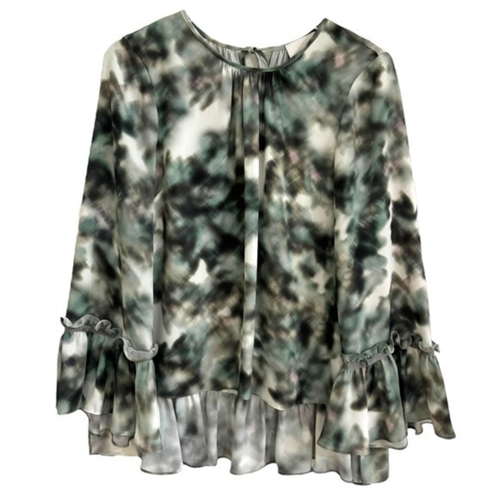PROSE & POETRY GREEN WHITE WATERCOLOR RUFFLE BLOUSE TOP SZ S